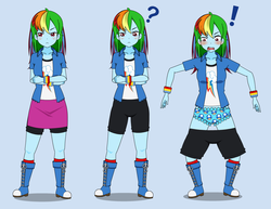 Size: 2024x1562 | Tagged: safe, artist:onagazgreat, rainbow dash, human, equestria girls, g4, badly edited, blue underwear, blushing, clothes, compression shorts, disappearing clothes, embarrassed, embarrassed underwear exposure, exclamation point, female, frilly underwear, humanized, kisekae, mushroom, open mouth, panties, pantsing, question mark, shorts, shorts pulled down, skirt, solo, super mario bros., underwear