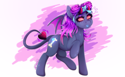 Size: 3480x2160 | Tagged: safe, artist:aaa-its-spook, oc, oc only, oc:spook, demon pony, monster pony, pony, eyeshadow, female, freckles, glowing eyes, high res, horns, lipstick, makeup, solo, tattoo