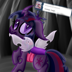 Size: 1000x1000 | Tagged: safe, artist:twyla-midfel, part of a set, twilight sparkle, alicorn, changeling, changeling queen, pony, ask changeling twilight, tumblr:ask changeling twilight, g4, ask, big ears, cave, cavern, changeling princess, changelingified, curved horn, female, floppy ears, horn, jagged horn, nervous, part of a series, scared, shy, shy twi, solo, species swap, startled, stressed, tumblr, twilight sparkle (alicorn), twiling