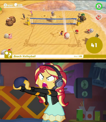 Size: 473x546 | Tagged: safe, edit, screencap, sunset shimmer, equestria girls, equestria girls series, g4, game stream, spoiler:eqg series (season 2), cappy (mario), comparison, cropped, male, mario, meme, psycho gamer sunset, sports, sunset shimmer frustrated at game, super mario bros., super mario odyssey, that pony sure have anger issues, volleyball