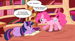 Size: 888x488 | Tagged: safe, artist:flauschtraut, pinkie pie, twilight sparkle, earth pony, pony, g4, book, bookshelf, female, golden oaks library, lesbian, ship:twinkie, shipping