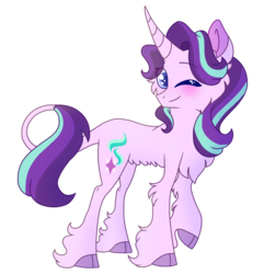 Size: 1280x1329 | Tagged: dead source, safe, artist:lolwise, starlight glimmer, classical unicorn, pony, unicorn, g4, belly fluff, blushing, cheek fluff, chest fluff, cloven hooves, colored pupils, cute, ear fluff, eye clipping through hair, female, fluffy, glimmerbetes, horn, leg fluff, leonine tail, looking at you, one eye closed, raised hoof, simple background, solo, transparent background, unshorn fetlocks, wink