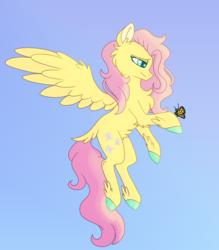 Size: 1280x1463 | Tagged: dead source, safe, artist:lolwise, fluttershy, butterfly, pegasus, pony, g4, belly fluff, cheek fluff, chest fluff, colored hooves, colored pupils, cute, ear fluff, female, fluffy, leg fluff, lidded eyes, profile, shyabetes, sky, solo, wing fluff