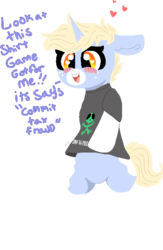 Size: 458x703 | Tagged: safe, artist:nootaz, oc, oc only, oc:nootaz, pony, semi-anthro, arm hooves, bipedal, blush sticker, blushing, clothes, cute, dialogue, ear fluff, floppy ears, freckles, happy, heart, heart eyes, looking down, nootabetes, ocbetes, shirt, simple background, smiling, solo, tax fraud, text, transparent background, wingding eyes