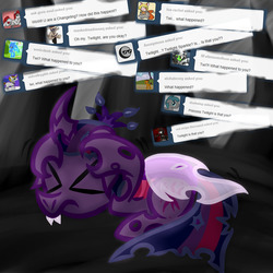 Size: 1000x1000 | Tagged: safe, artist:twyla-midfel, part of a set, twilight sparkle, alicorn, changeling, changeling queen, pony, ask changeling twilight, tumblr:ask changeling twilight, g4, ask, big ears, cave, cavern, changeling princess, changelingified, covering ears, cowering, curved horn, eyes closed, female, horn, jagged horn, part of a series, scared, shaking in fear, shy, shy twi, solo, species swap, stressed, tumblr, twilight sparkle (alicorn), twiling