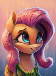 Size: 2964x4000 | Tagged: safe, artist:vanillaghosties, fluttershy, pegasus, pony, g4, bust, clothes, cute, daaaaaaaaaaaw, female, high res, looking up, mare, portrait, shyabetes, smiling, solo, three quarter view