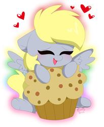 Size: 3312x4032 | Tagged: safe, artist:kittyrosie, derpy hooves, pegasus, pony, g4, blushing, cute, derpabetes, female, food, heart, muffin, open mouth, solo