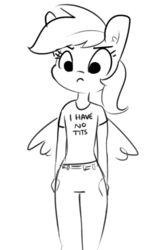 Size: 398x614 | Tagged: safe, artist:tjpones, rainbow dash, pegasus, anthro, g4, black and white, breasts, clothes, delicious flat chest, ear fluff, female, frown, grayscale, mare, monochrome, rainbow dash always dresses in style, rainbow flat, shirt, simple background, sketch, white background