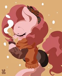 Size: 1063x1301 | Tagged: safe, artist:tohupo, pinkie pie, earth pony, pony, g4, bow, brown background, clothes, coffee, cute, diapinkes, eyes closed, female, hair bow, mare, profile, scarf, simple background, smiling, solo, sweater