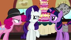 Size: 1280x720 | Tagged: safe, screencap, pinkie pie, rarity, twilight sparkle, pony, unicorn, g4, mmmystery on the friendship express, cake, food, marzipan mascarpone meringue madness, saddle bag, unicorn twilight