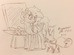 Size: 2725x2023 | Tagged: safe, artist:floofyfoxcomics, oc, oc only, oc:meadows canvas, fennec fox, fox, pegasus, pony, easel, female, high res, mare, monochrome, painting, sketch, solo, traditional art