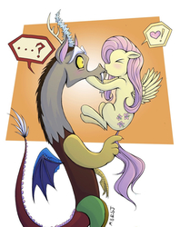 Size: 1242x1570 | Tagged: safe, artist:thesweetandthestrange, discord, fluttershy, g4, blushing, couple, female, kissing, male, ship:discoshy, shipping, straight, surprise kiss, unexpected