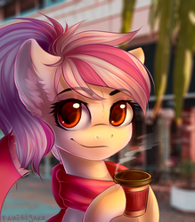 Size: 1053x1200 | Tagged: safe, artist:falafeljake, oc, oc only, oc:windbreaker, pony, blurry background, clothes, coffee, colored pupils, commission, cup, ear fluff, female, holding, hoof hold, looking at you, mare, scarf, signature, smiling, solo, ych result
