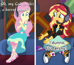 Size: 775x675 | Tagged: safe, edit, edited screencap, screencap, fluttershy, sunset shimmer, equestria girls, g4, game stream, my little pony equestria girls: better together, arin hanson, converse, couch, dan avidan, doki doki literature club!, egoraptor, game grumps, gamer sunset, grumpset shimmer, headset, implied grimdark, microphone, not so grumpershy, scared, shoes, spoilers for another series, this will end in death, this will end in tears, this will end in tears and/or death