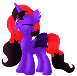 Size: 899x893 | Tagged: safe, artist:kimmyartmlp, oc, oc only, oc:ender gurl, alicorn, bat pony, bat pony alicorn, pony, bat pony oc, fangs, female, mare, needs more saturation, one eye closed, simple background, smiling, solo, transparent background, wink