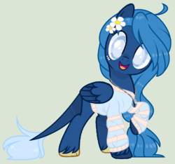 Size: 1288x1204 | Tagged: safe, artist:nocturnal-moonlight, oc, oc only, oc:lorelei snowflake, pegasus, pony, clothes, female, flower, flower in hair, jewelry, leonine tail, looking at you, mare, not luna, pendant, simple background, solo, sweater, unshorn fetlocks