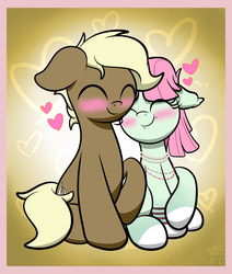 Size: 2253x2663 | Tagged: dead source, safe, artist:php142, oc, oc only, oc:minty blossom, bat pony, earth pony, pony, blushing, fangs, female, high res, male, mare, oc x oc, shipping, stallion, straight