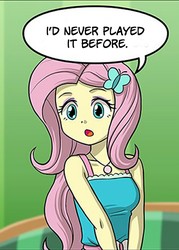Size: 677x946 | Tagged: safe, artist:uotapo, fluttershy, equestria girls, g4, game stream, my little pony equestria girls: better together, comic, cropped, cute, fluttershy boho dress, geode of fauna, magical geodes, shyabetes, sleeveless