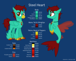 Size: 8000x6400 | Tagged: safe, artist:parclytaxel, oc, oc only, oc:steel heart, classical hippogriff, hippogriff, seapony (g4), .svg available, absurd resolution, colored wings, colored wingtips, commission, jewelry, male, necklace, reference sheet, solo, vector