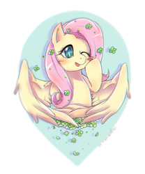 Size: 1000x1200 | Tagged: safe, artist:roya, fluttershy, pegasus, pony, g4, blushing, bust, cute, digital art, female, flower, flower in hair, mare, one eye closed, open mouth, portrait, shyabetes, smiling, solo, spread wings, wings