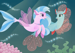 Size: 1280x906 | Tagged: safe, artist:lavenderrain24, ocellus, silverstream, pony, seapony (g4), g4, bubble, clothes, coral, crepuscular rays, disguise, disguised changeling, eyelashes, female, fin wings, fins, fish tail, flowing mane, green eye, jewelry, looking at each other, necklace, open mouth, purple eyes, seaponified, seapony ocellus, seapony silverstream, see-through, species swap, sunlight, swimming, tail, underwater, water, wings
