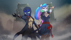 Size: 3265x1837 | Tagged: safe, artist:danli69, princess celestia, princess luna, anthro, two best sisters play, g4, assassin's creed, assassin's creed unity, crossover, flintlock, notre dame, ponified