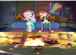 Size: 577x421 | Tagged: safe, edit, screencap, fluttershy, sunset shimmer, equestria girls, g4, game stream, my little pony equestria girls: better together, converse, gamer sunset, gamershy, ratchet and clank, shoes, sunset's apartment, video game, wrong aspect ratio