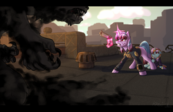 Size: 1280x833 | Tagged: safe, artist:kraaisha, oc, oc only, hellhound, pony, unicorn, fallout equestria, blood, city, clothes, fallout, fanfic, fanfic art, female, floppy ears, foal, glowing horn, gritted teeth, gun, handgun, hooves, horn, injured, jumpsuit, levitation, magic, mare, monster, pipbuck, pistol, revolver, rooftop, scenery, solo, telekinesis, trio, vault suit, weapon