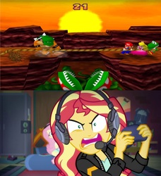 Size: 1920x2104 | Tagged: safe, edit, screencap, fluttershy, sunset shimmer, human, yoshi, equestria girls, g4, game stream, my little pony equestria girls: better together, bowser, comparison, eye twitch, gamer sunset, luigi, male, mario, mario party, princess peach, psycho gamer sunset, rage, sunset shimmer frustrated at game, super mario bros., tell me what you need, this will end in a broken tv, this will end in pain, this will end in tears, tug of war