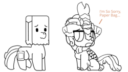 Size: 1823x1028 | Tagged: safe, anonymous artist, autumn blaze, oc, oc:paper bag, earth pony, kirin, pony, g4, sounds of silence, apology, apology gift, fake cutie mark, female, open mouth, paper bag, ponysona, sad, simple background, sitting, smiling, white background