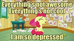 Size: 1920x1080 | Tagged: safe, edit, edited screencap, screencap, apple bloom, pony, g4, on your marks, adorabloom, caption, clubhouse, crusaders clubhouse, cute, cutie mark, discovery family logo, everything's not awesome, female, image macro, lego, open mouth, sad, singing, sitting, solo, spoilers for another series, text, the cmc's cutie marks, the lego movie, the lego movie 2: the second part