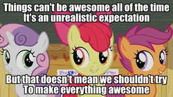 Size: 1920x1080 | Tagged: safe, edit, edited screencap, screencap, apple bloom, scootaloo, sweetie belle, g4, on your marks, spoiler:the lego movie 2: the second part, adorabloom, caption, clubhouse, crusaders clubhouse, cute, cutealoo, cutie mark, cutie mark crusaders, diasweetes, discovery family logo, everything's not awesome, female, image macro, lego, singing, sitting, spoilers for another series, text, the cmc's cutie marks, the lego movie, the lego movie 2: the second part, trio, trio female