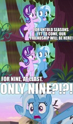 Size: 1920x3240 | Tagged: safe, edit, edited screencap, screencap, starlight glimmer, trixie, pony, unicorn, g4, road to friendship, belly, bipedal, caption, comic, end of ponies, image macro, impact font, in-universe pegasister, leaning, meme, screencap comic, song reference, text, we're friendship bound