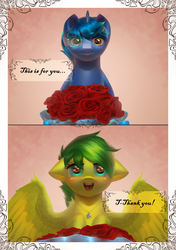 Size: 2250x3200 | Tagged: safe, artist:klooda, oc, oc only, oc:aura skye, oc:evergreen feathersong, pegasus, pony, unicorn, blushing, comics, curves, english, everskye, female, female pov, flower, frame, happy, heart eyes, holiday, jewelry, male, male pov, mare, offscreen character, overwatch, pair, pattern, pendant, pov, present, realistic, rose, smiling, soft shading, stallion, text, valentine's day, wingding eyes, ych result