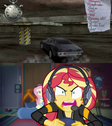 Size: 600x676 | Tagged: safe, edit, edited screencap, screencap, fluttershy, sunset shimmer, equestria girls, g4, game stream, my little pony equestria girls: better together, car, driver, driver (video game), john tanner, meme, psycho gamer sunset, sunset shimmer frustrated at game, tell me what you need