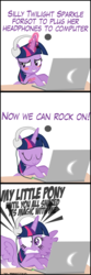 Size: 2000x6000 | Tagged: safe, artist:ace play, twilight sparkle, alicorn, pony, comic:twilight vs. computer, g4, aura, blushing, comic, computer, ear rape, embarrassed, female, funny, glowing horn, headphones, horn, irony, laptop computer, magic, metal, rock (music), solo, spread wings, sweat, sweatdrop, telekinesis, theme song, this will end in deafness, title drop, twilight sparkle (alicorn), volume, wings