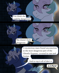 Size: 1768x2196 | Tagged: safe, artist:moonaknight13, princess celestia, princess luna, pony, comic:the magic within, g4, comic series, dungeon, frown, smiling, text, walk cycle, walking