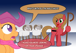 Size: 1148x800 | Tagged: safe, artist:ladyanidraws, scootaloo, oc, oc:pun, earth pony, pony, robot, robot pony, ask pun, g4, ask, female, mare, pun, ram, scootabot, visual pun