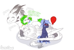 Size: 774x524 | Tagged: safe, artist:luna dave, oc, oc only, oc:aeks (flayg) daar karus, oc:white night, dragon, earth pony, pony, dragon oc, earth pony oc, fluffy, purring, rule 63, simple background, smiling, text, white background