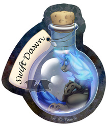 Size: 679x800 | Tagged: safe, artist:temrin, oc, oc only, oc:swift dawn, changeling, pony, badge, blue changeling, blue eyes, bottle, changeling oc, commission, con badge, digital art, fangs, male, pony in a bottle, simple background, smiling, solo, trapped, white background
