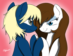 Size: 1600x1227 | Tagged: safe, artist:jyukaianiki, oc, oc only, oc:dippy, oc:hot coco, earth pony, pony, duo, earth pony oc, eye contact, eyeshadow, female, looking at each other, makeup, male, mare, oc x oc, shipping, straight