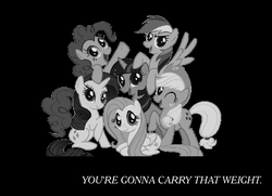 Size: 1075x780 | Tagged: safe, applejack, fluttershy, pinkie pie, rainbow dash, rarity, twilight sparkle, earth pony, pegasus, pony, unicorn, g4, cowboy bebop, end of ponies, grayscale, mane six, mane six opening poses, monochrome, reference, the beatles