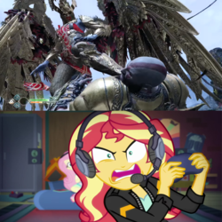 Size: 1280x1280 | Tagged: safe, edit, screencap, fluttershy, sunset shimmer, equestria girls, g4, game stream, my little pony equestria girls: better together, angry, comparison, gamer sunset, god of war, kratos, meme, psycho gamer sunset, rage, rageset shimmer, sigrun, sunset shimmer frustrated at game, tell me what you need, valkyrie