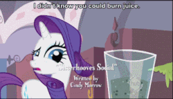 Size: 335x192 | Tagged: safe, screencap, rarity, pony, unicorn, g4, season 2, sisterhooves social, animated, burned, burnt juice, cooking, disgusted, epic fail, fail, female, food, forced smile, funny, gif, hilarious, implied sweetie belle, impossible, juice, mare, raised eyebrow, smiling, smoke, solo, sweetie belle can't cook, sweetie fail, text