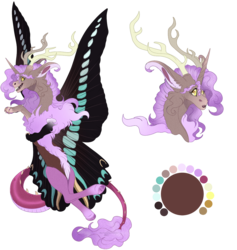 Size: 1060x1120 | Tagged: safe, artist:bijutsuyoukai, oc, oc only, draconequus, antlers, butterfly wings, cheek fluff, draconequus oc, female, offspring, parent:discord, parents:canon x oc, simple background, solo, transparent background