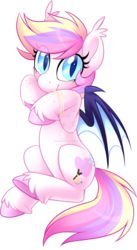 Size: 1280x2338 | Tagged: safe, artist:scarlet-spectrum, oc, oc only, oc:confectionery bliss, bat pony, pony, bat pony oc, bat wings, colored hooves, deviantart watermark, ear fluff, female, freckles, looking at you, mare, obtrusive watermark, simple background, sitting, slit pupils, smiling, solo, spread wings, transparent background, underhoof, unshorn fetlocks, watermark, wings, wristband