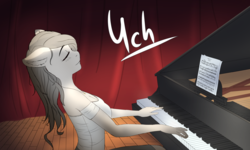 Size: 2400x1440 | Tagged: safe, artist:mintjuice, anthro, advertisement, blushing, clothes, commission, dress, eyes closed, female, floppy ears, mare, music, musical instrument, musician, piano, pleasure, stage, your character here