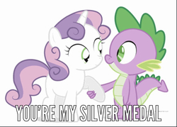 Size: 810x581 | Tagged: safe, artist:dm29, spike, sweetie belle, dragon, pony, unicorn, g4, caption, female, image macro, male, meme, ship:spikebelle, shipping, simple background, straight, text, white background