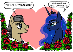 Size: 603x424 | Tagged: safe, artist:gingerfoxy, filthy rich, princess luna, alicorn, earth pony, pony, pony couple generator, g4, crack shipping, eyebrows, female, filthyna, flower, heart, male, mare, rose, shipping, stallion, text