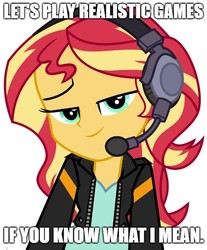 Size: 500x603 | Tagged: safe, artist:keronianniroro, edit, sunset shimmer, equestria girls, equestria girls series, g4, game stream, spoiler:eqg series (season 2), caption, clothes, female, gamer sunset, headset, image macro, impact font, jacket, leather jacket, looking at you, meme, simple background, smug, smugset shimmer, solo, text